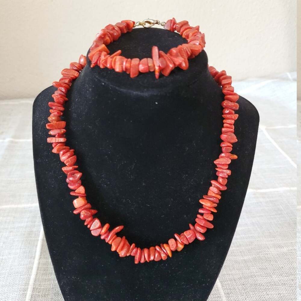 Vintage Red Coral Chip Necklace and Earring Set